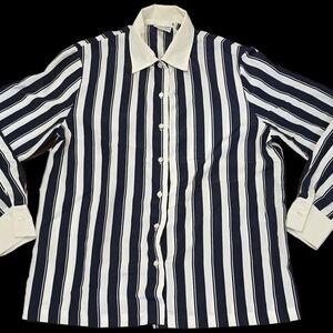 Vintage 1980s Russ Union Made,  Cream Button-up Blouse w/ Blue Stipes: Classic